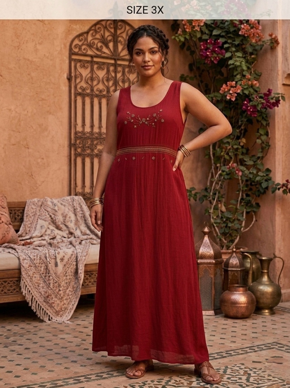 Vintage Avenue 3X Red Knit Maxi Dress Floral Embroidery Beaded